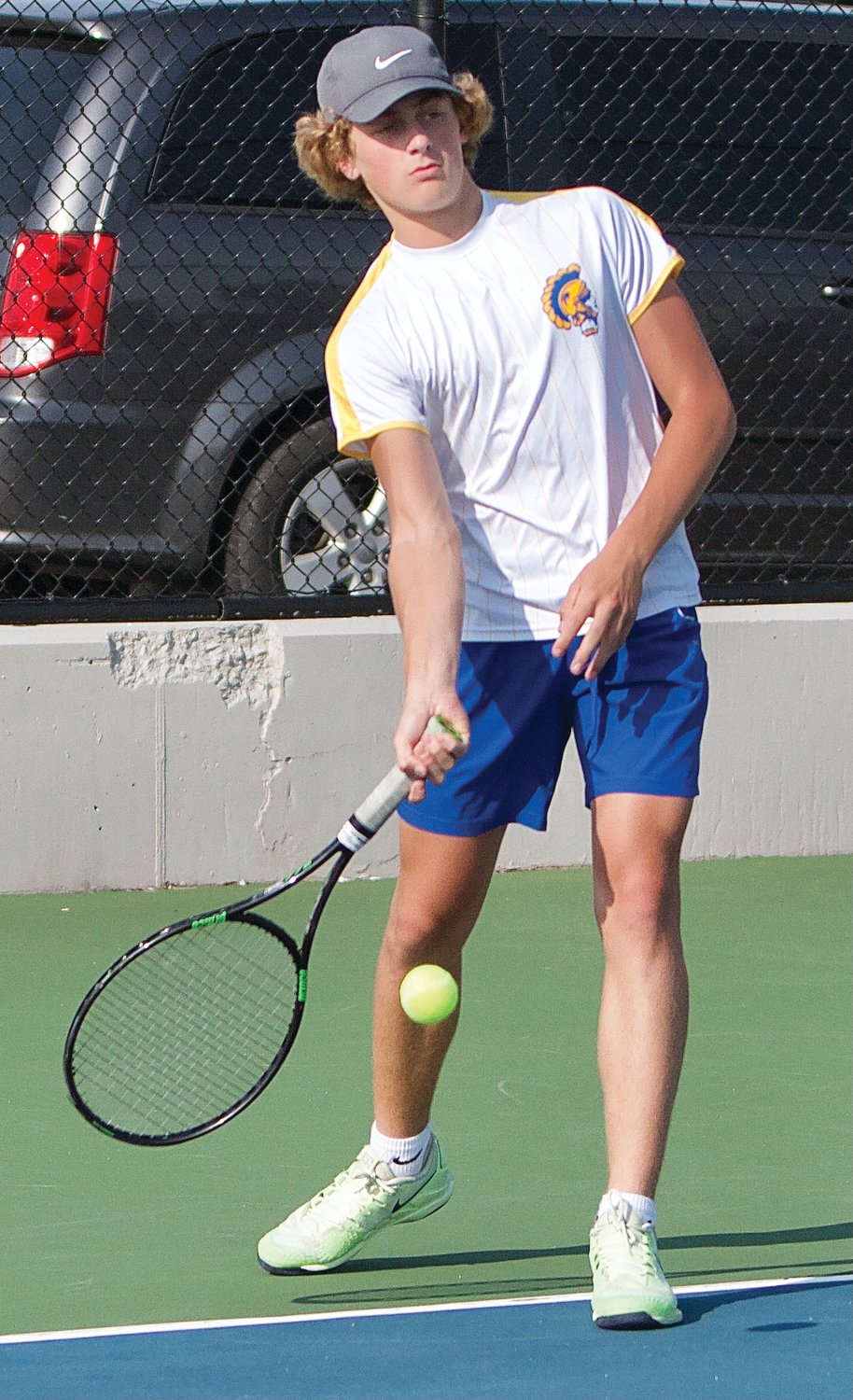Crawfordsville freshman Wyatt Motz returns a shot at North Montgomery on Monday in a 4-1 Athenian win over the Chargers.