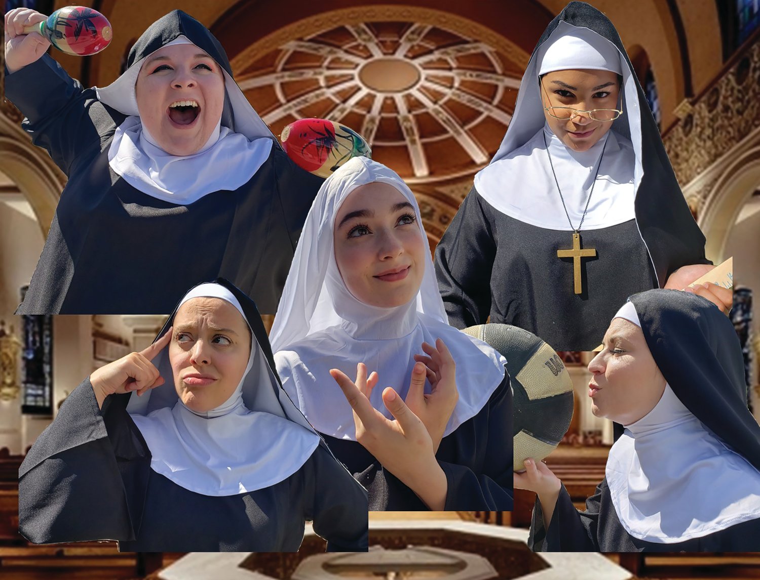 The Little Sisters of Hoboken from left, top, Mary Taylor and Sarah Grace Odom; middle Emmie Wright; and bottom, Elsa Scott Besler and Natalie A. Korbisch prepare for their fundraiser in Nunsense, running from Friday through Oct. 10 at Myers Dinner Theatre in Hillsboro.