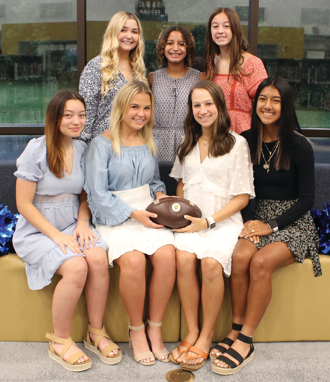Crawfordsville High School 2021 Homecoming queen candidates and attendants are, from left, front row, senior queen candidates, Danna Schu, Lilly Klingbeil, Reese Minnette and Hannia Hernández; and back row, junior attendant Maggie Latona, freshman attendant Caedence Brown and sophomore attendant Emily Powell. The queen will be crowned today during halftime of the football game.