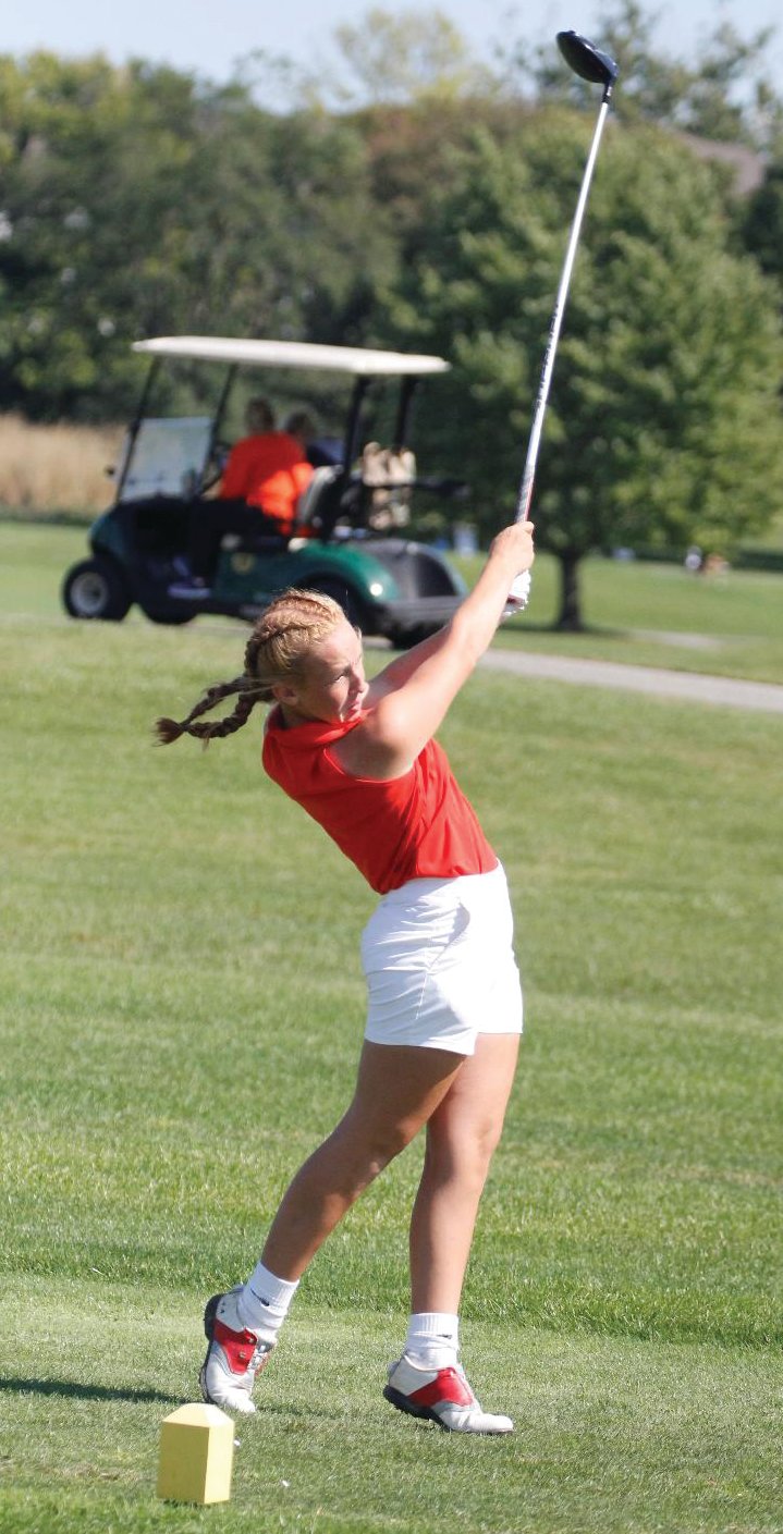 Southmont freshman Addison Meadows hits a tee shot at Smock Golf Course on Friday in the Roncalli IHSAA Regional. Meadows shot a 79 to advance to the state finals.