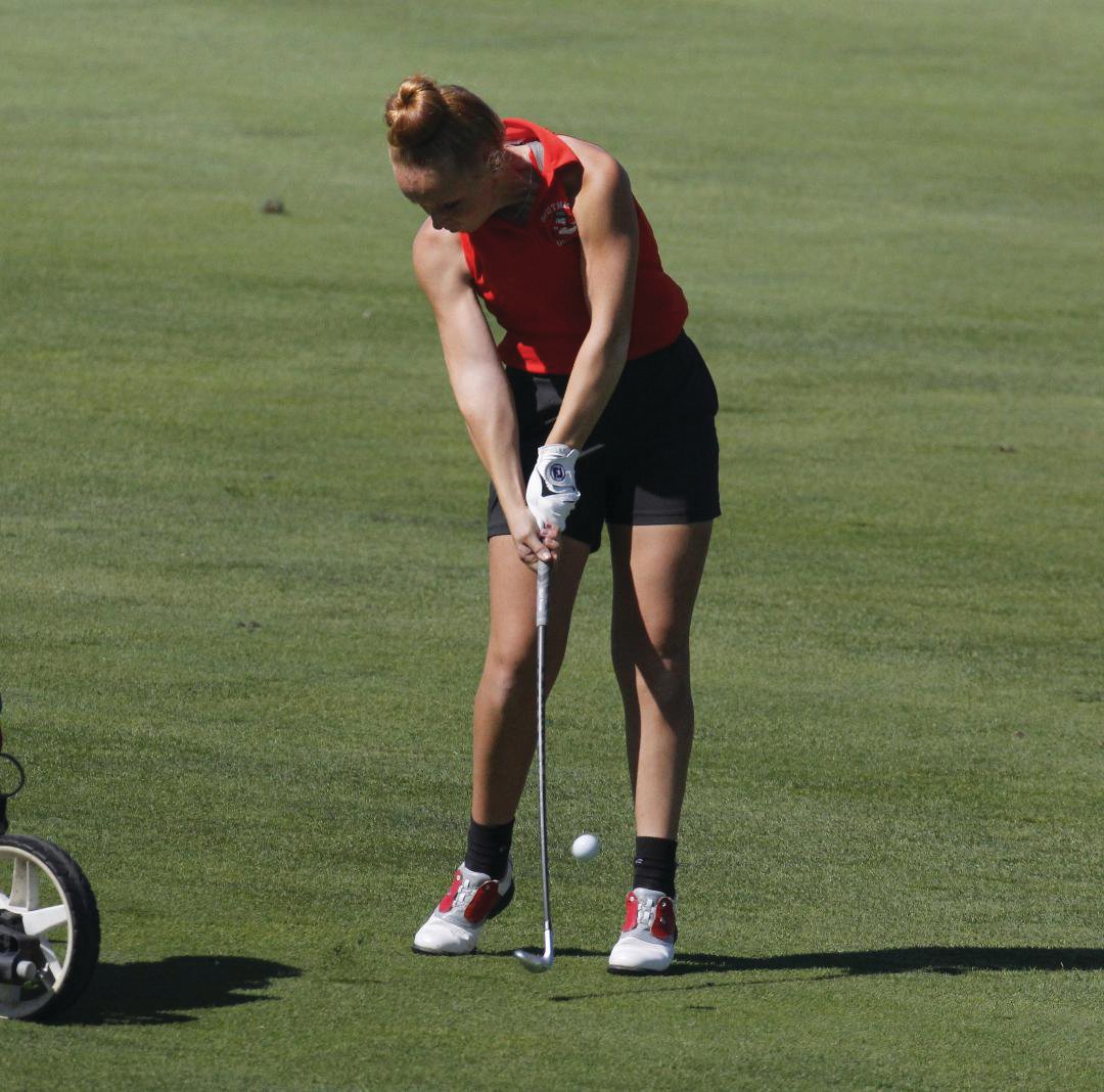 Southmont freshman Addison Meadows hits a shot from the fairway on Friday at the girls golf state finals.