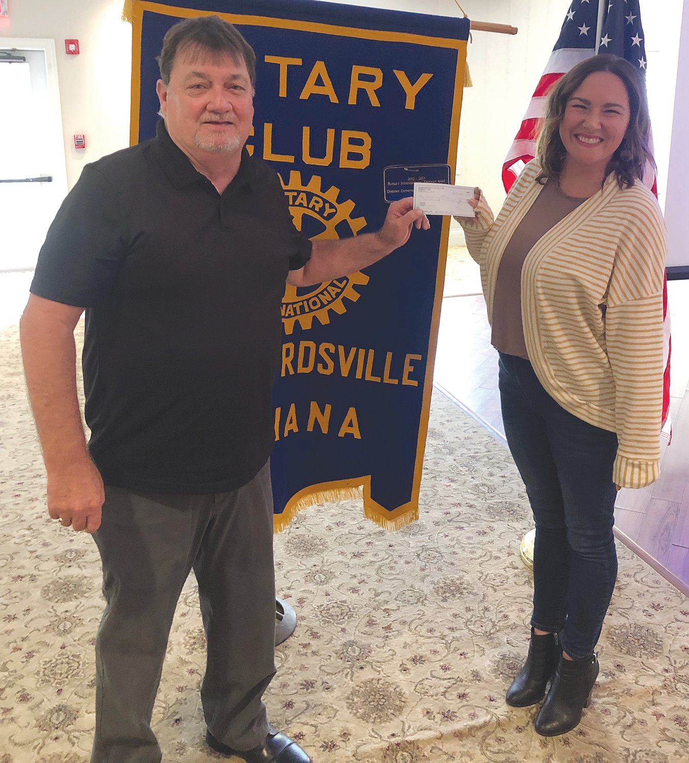 Anna Cope, a forensic interviewer from Susie’s Place, was this week’s guest speaker at the Crawfordsville Rotary Club. She gave an update on what she and her organization have been doing over the past year. Susie’s Place is a child advocacy center at 7519 Beechwood Centre Road, Avon. Pictured is Rod Currin (Rotary treasurer) giving his daughter a check for $1,000 to support this great organization.