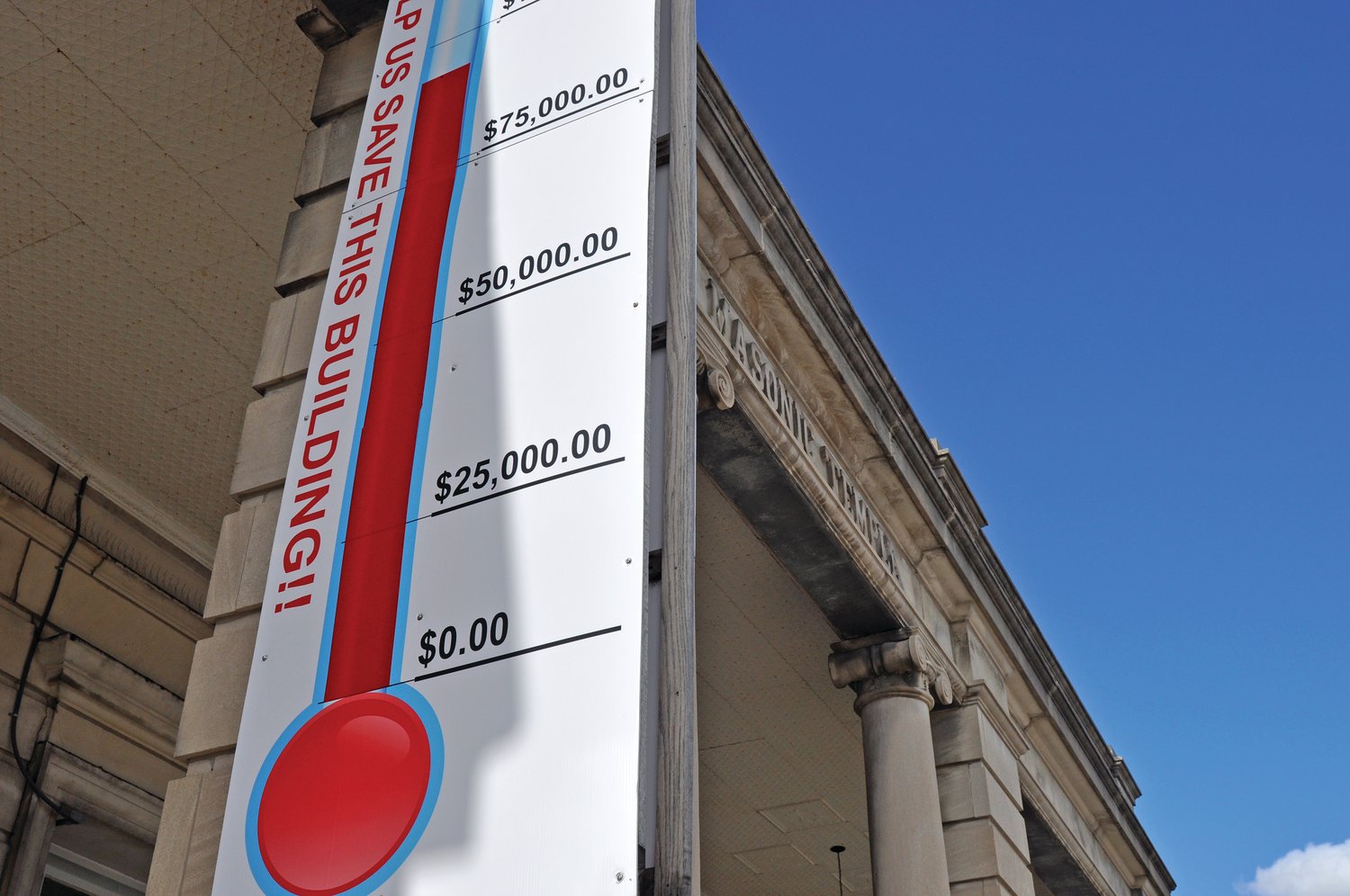 A thermometer tracks the fundraising progress at the Masonic Cornerstone Grand Hall and Event Center. The building is nearing local historic district status from the City of Crawfordsville.