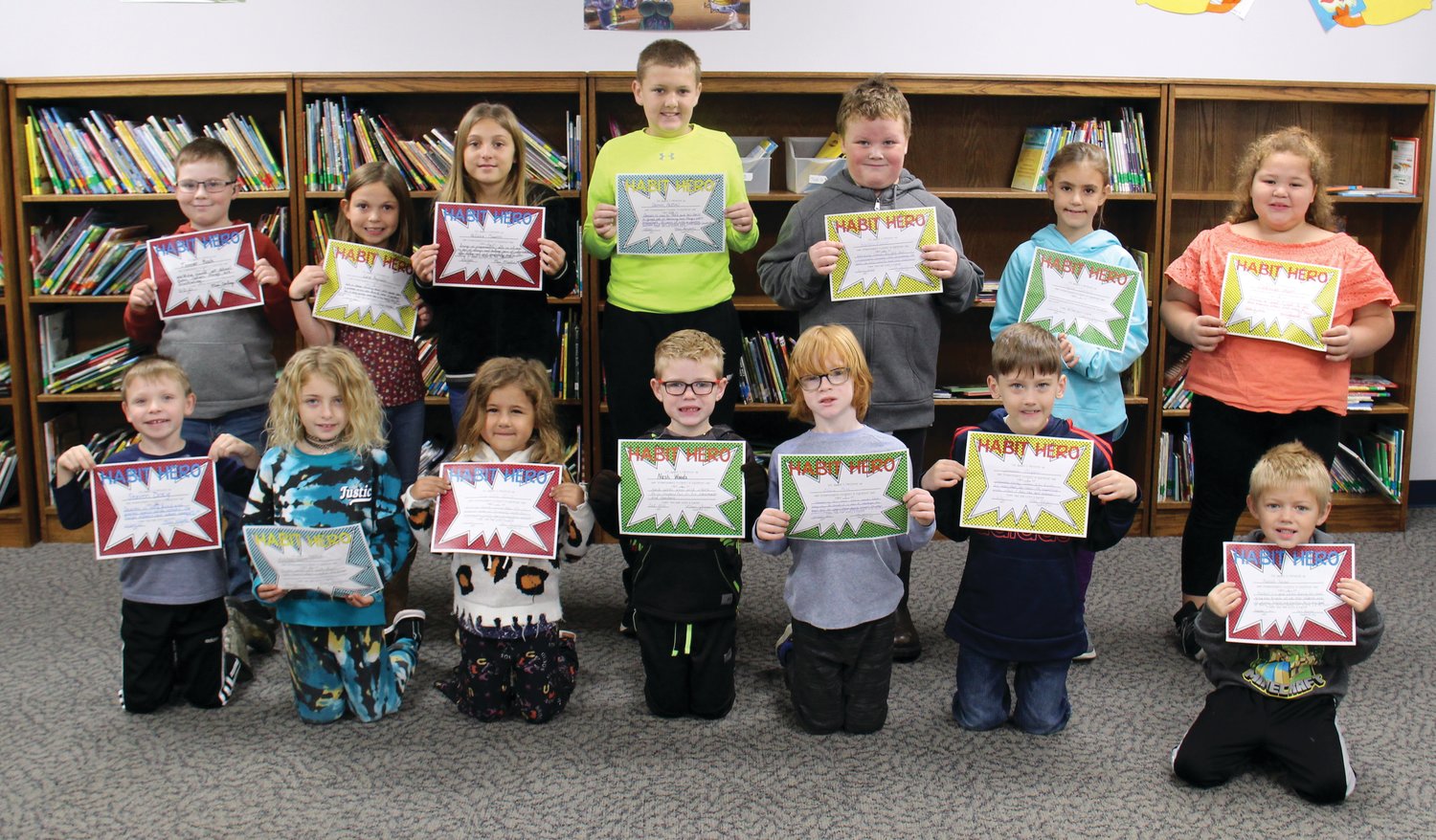 Turkey Run Elementary students received Habit Hero Awards as a part of their Leader in Me program. Habit Hero awards are given to students who set a good example in one of the seven habits. Awards are presented by staff members to students who they believe have excelled in one of the habits. October Habit Hero Award winners are, from left, front row, Steven Doty, Keylee Lemon, Charlotte Rice, Nash Woods, Ozzie Rose, Jameson Bryan and Marshall Harper; and back row, Tanner Back, Lorie Reynolds, Haliana Sowers, Damon Patton, Kaden Flood, Taylor Snell and Oakleigh Wyatt. Not pictured is Brook Hammonds.