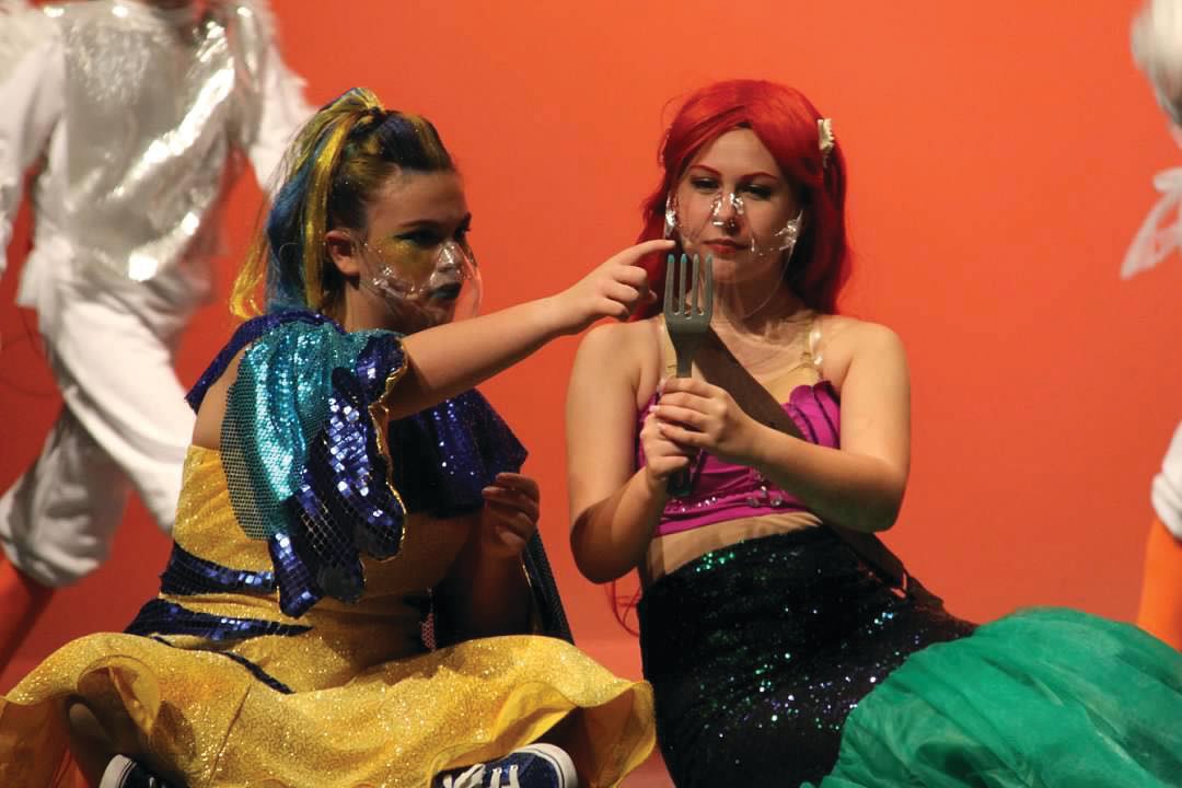 Aailyah Keys (Flounder), left, rehearses a scene with Gianna Kochert Cosby (Ariel) for Crawfordsville Middle School’s production of “The Little Mermaid Jr.”