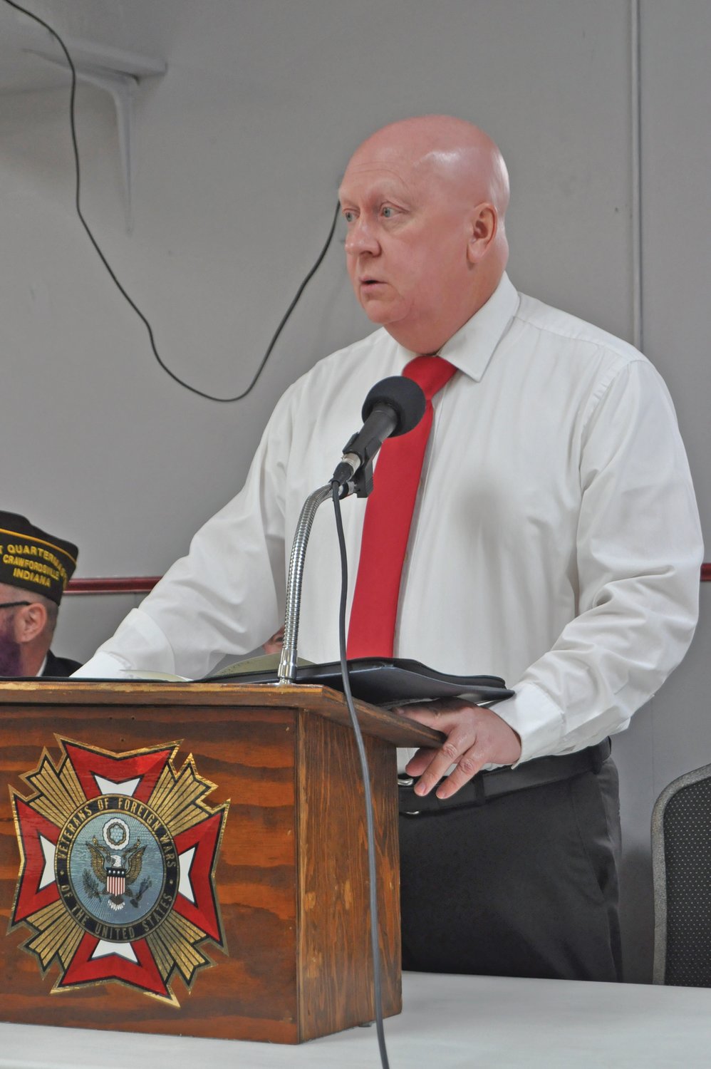 Crawfordsville Mayor Todd Barton reads a Veterans Day proclamation during a ceremony at Brian Bowman VFW Post 1431 on Thursday.