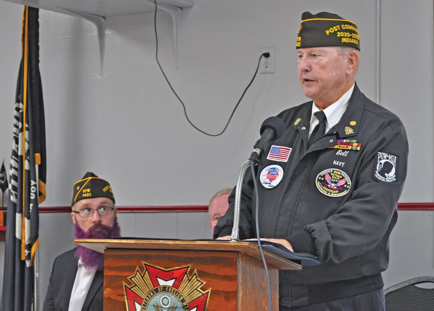 Gary Bell, commander of Brian Bowman VFW Post 1431, speaks at a Veterans Day ceremony at the post on Thursday.