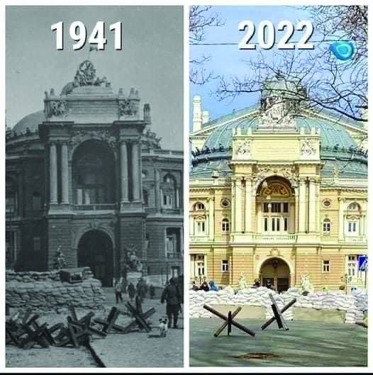 Vladimir Putin meets with his ministers via AP, and Odessa Opera Theater in 1941 and 2022.
