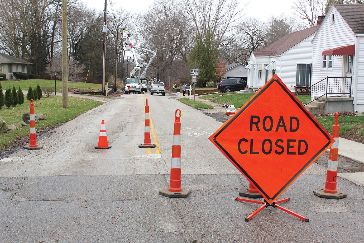 The start of Country Club Road at Barr Street formed the east end of a temporary road closure Tuesday morning following a series of downed power lines caused by a falling tree. The road was closed from about 8:30 a.m. through noon, roughly two city blocks west to Glenn Street.