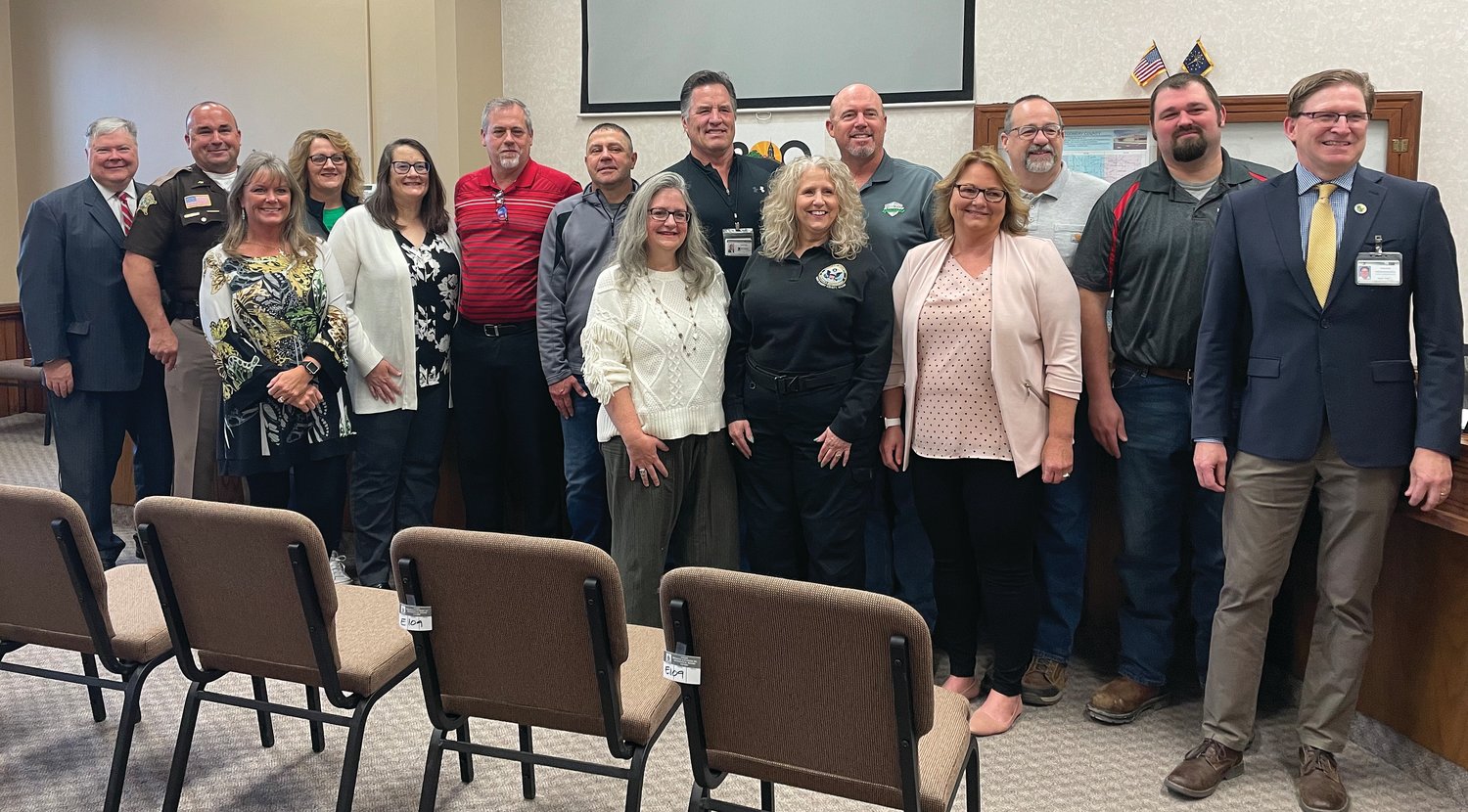 Montgomery County Commissioners and county department heads pose for a photograph at the conclusion of Monday’s regular board meeting. Commissioners conducted their last meeting at the courthouse. The next meeting will be held in the new government center at 1580 Constitution Row.