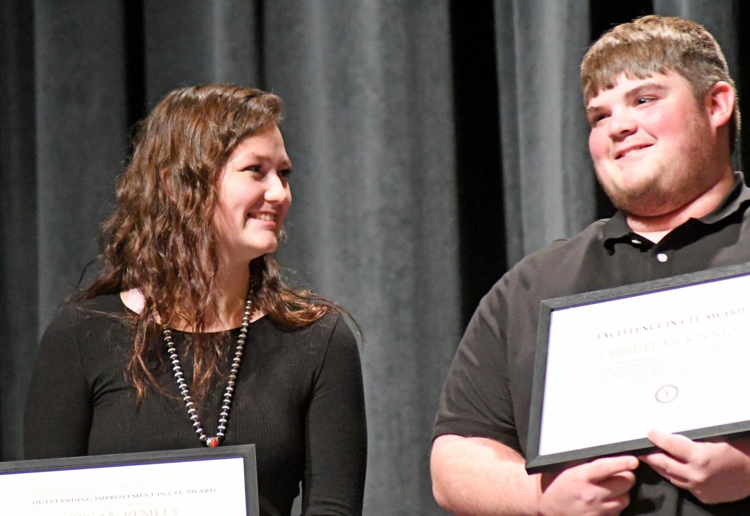 South Montgomery High School students Regan Remley and Jarrett McKinney receive awards for outstanding improvement and excellence in CTE, respectively.
