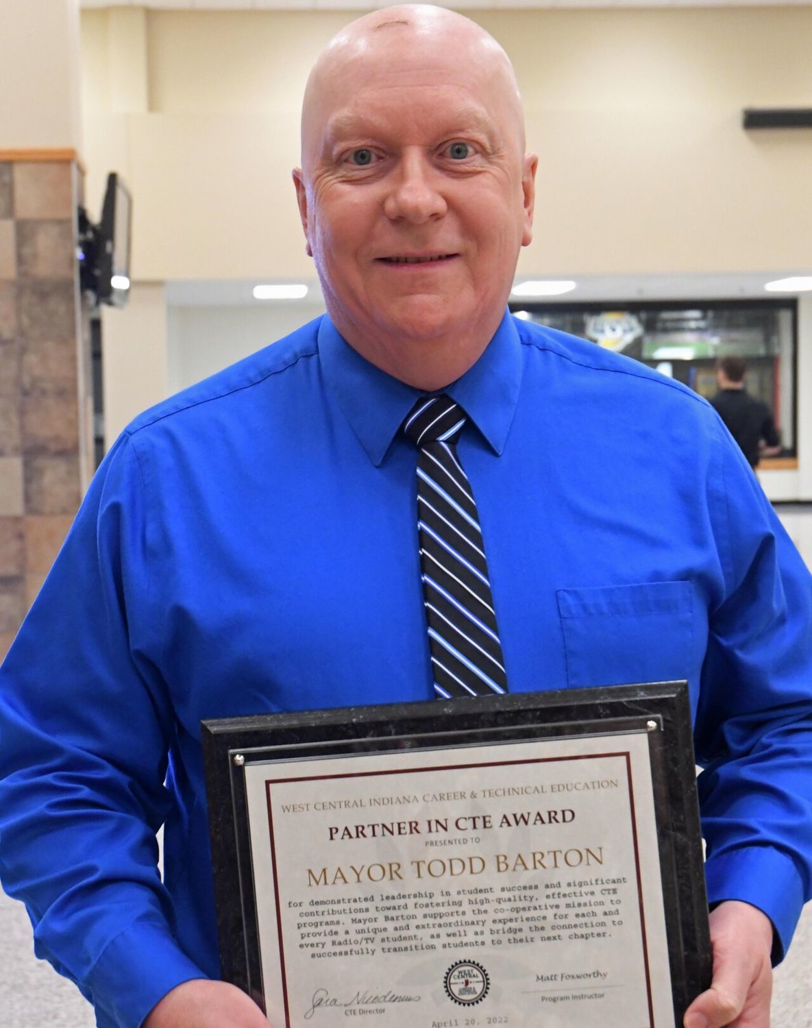 Crawfordsville Mayor Todd Barton received the Partners in Career and Technical Education Award for leadership in the creation of a new radio and TV studio for the community and students.
