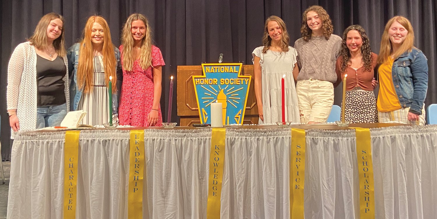 The current officers of National Honor Society at Crawfordsville High School recently led the induction ceremony for new members. Officers are, from left, junior vice president Cadence Crane, service chair Laine Schlicher, president Cathleen McGrady, treasurer Reese Minnette, secretary Lily McDorman, vice president Ella Hudson, and service chair Elizabeth Bowling.