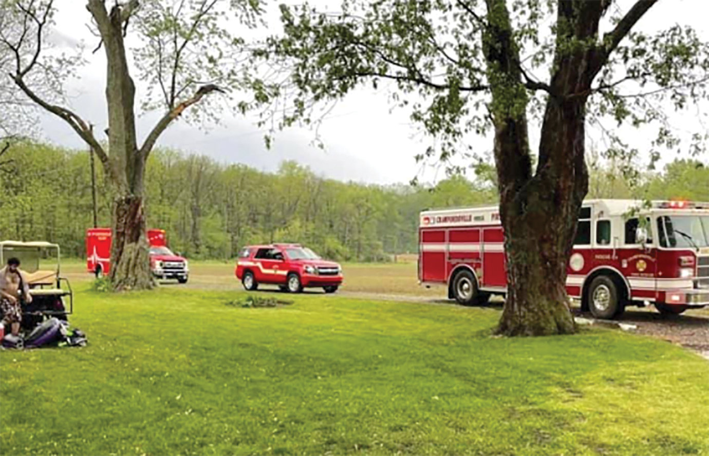 Crews from the Crawfordsville Fire Department arrive at the scene along Sugar Creek near the Sugar Cliff neighborhood Saturday in response to reports of a group of kayakers needing assistance. A pregnant woman was provided medical evaluation and transported to a medical facility where she was later released with no complications.