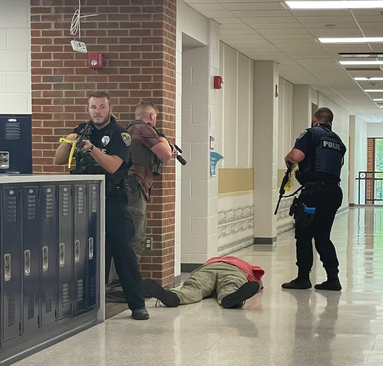 About 100 emergency responders and actors participate Wednesday in a full scale active shooter exercise at Crawfordsville High School.