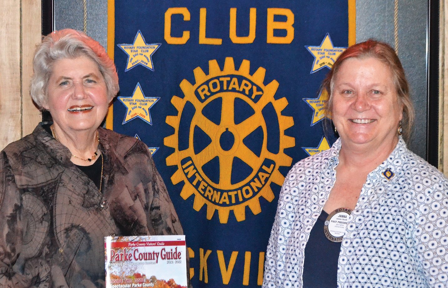 The Rockville Rotary Club recently hosted Jean Turnmire, left, owner of the Wilkins Mill Guest House located in Parke County near Bloomingdale, at their meeting held in the banquet room at the Thirty-Six Saloon in Rockville. On the right is current Rockville Rotary president Janna Scott. Turnmire discussed the history of the now gone Wilkins Mill and the current covered bridge in the same area that bears the name. The main cabin at the guest house started out as a general store in 1828 and is right next to the Wilkins Mill covered bridge. Over many years the main cabin has been expanded into a guest house with all the modern lodging conveniences for up to 12 guests and two other cabins have been added. More information is available on Facebook and on the website https://wilkinsmill.com.
