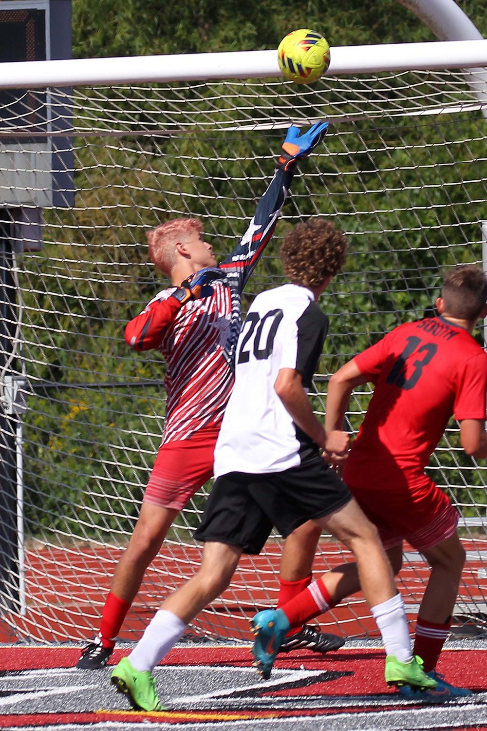 Rylan Gayler of Southmont saves a shot in the second half of the game with Covington.