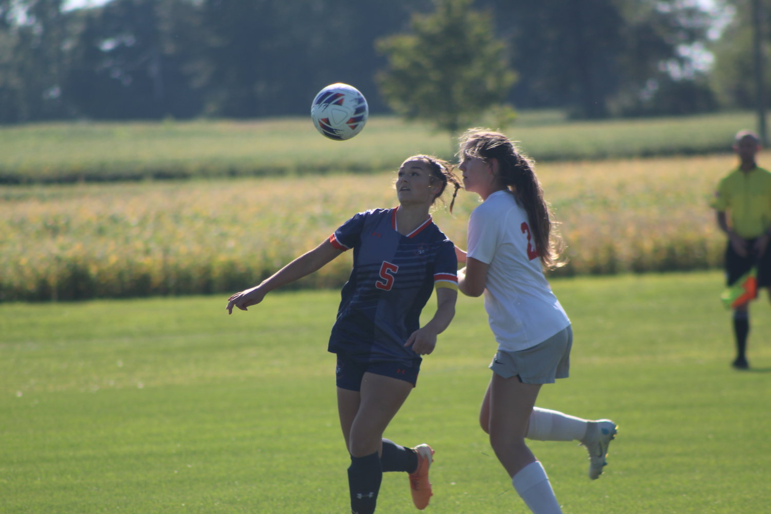 North Montgomery’s Teegan Bacon and Southmont’s Chloe Lynn battle for possession of the ball during the the Mounties 6-2 win over their county rival on Tuesday.
