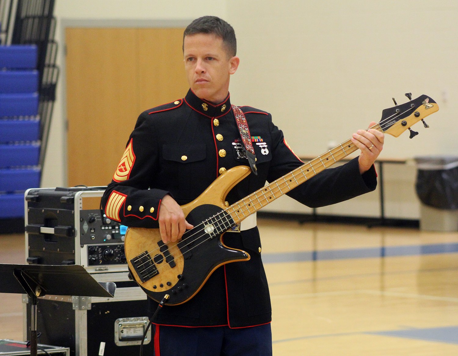 Gunnery Sgt. Will Pierce is the bass guitarist for the group. His passion and flare were on full display to the delight of the crowd during the performance.