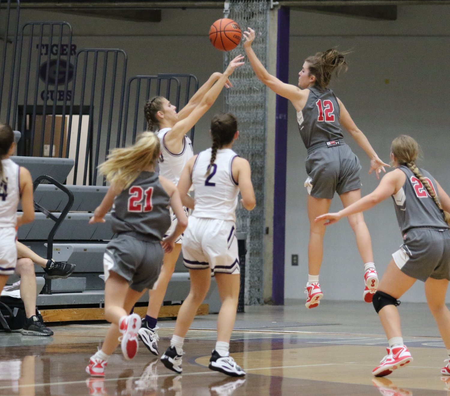 Southmont’s Chelsea Veatch had the game-sealing block for the Mounties as they held on to defeat Greencastle 40-37 in their season opener.