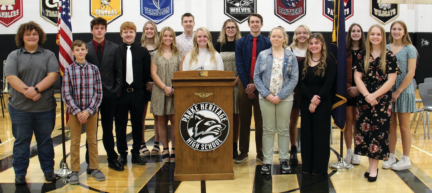 Students participating the in the Veterans Day program at Parke Heritage High School were, from left, front row, Grant Thompson, Nate Woodard, Mason Bowsher, Mason McVay, Emma Patton, Paige Patton, Cassie Miller, Keely Black and Josie Bodine; and back row, Hannah Thurman, Jakob Weber, Stella Mrazik, Caleb Rector, Emma Simpson, Cate O’Brien and Raegan Ramsay.
