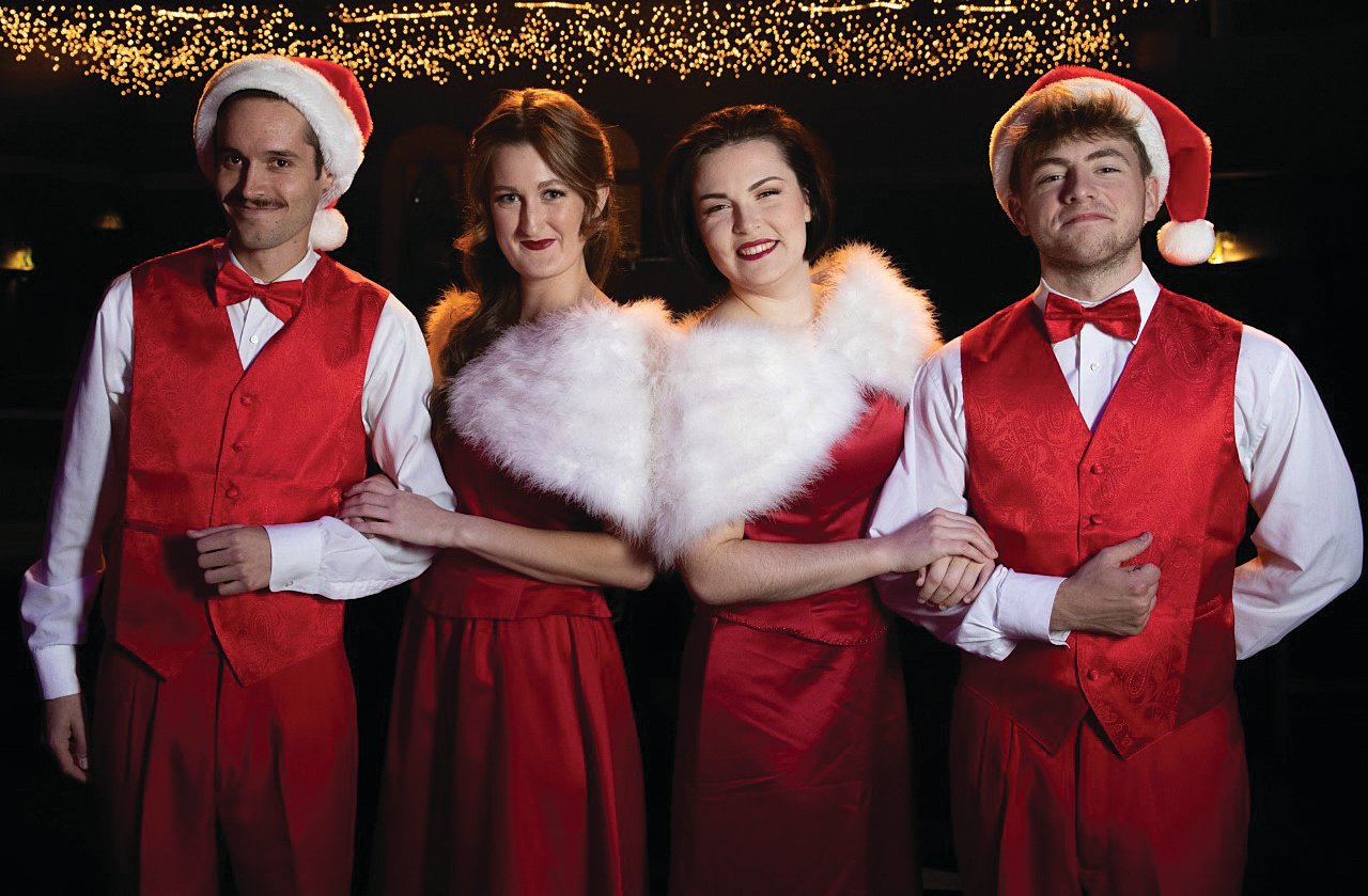 White Christmas opens Friday at Myers Dinner Theater. Pictured, from left, are Garrett Gagnon (Bob Wallace), Ruthie Sangster (Betty Haynes), Kristina Swearingen (Judy Haynes) and Isaiah Hastings-Rogers (Phil Davis).