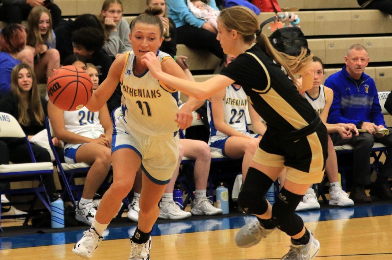 Crawfordsville’s Elyse Widmer drives to the basket during the Athenians 54-21 Sagamore Conference loss to Lebanon.