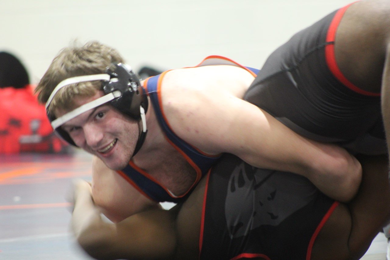 North Montgomery’s Todd Laffoon was all smiles as he pinned his opponent during the annual Holiday Duals for the Chargers on Thursday.