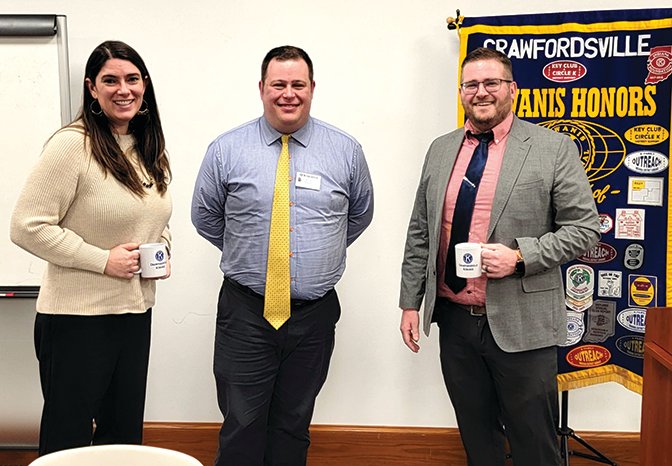 Pictured are, from left, Rachel Oldham, Kiwanis president Jacob Moore and Montgomery County Superior Court Judge Daniel Petrie.