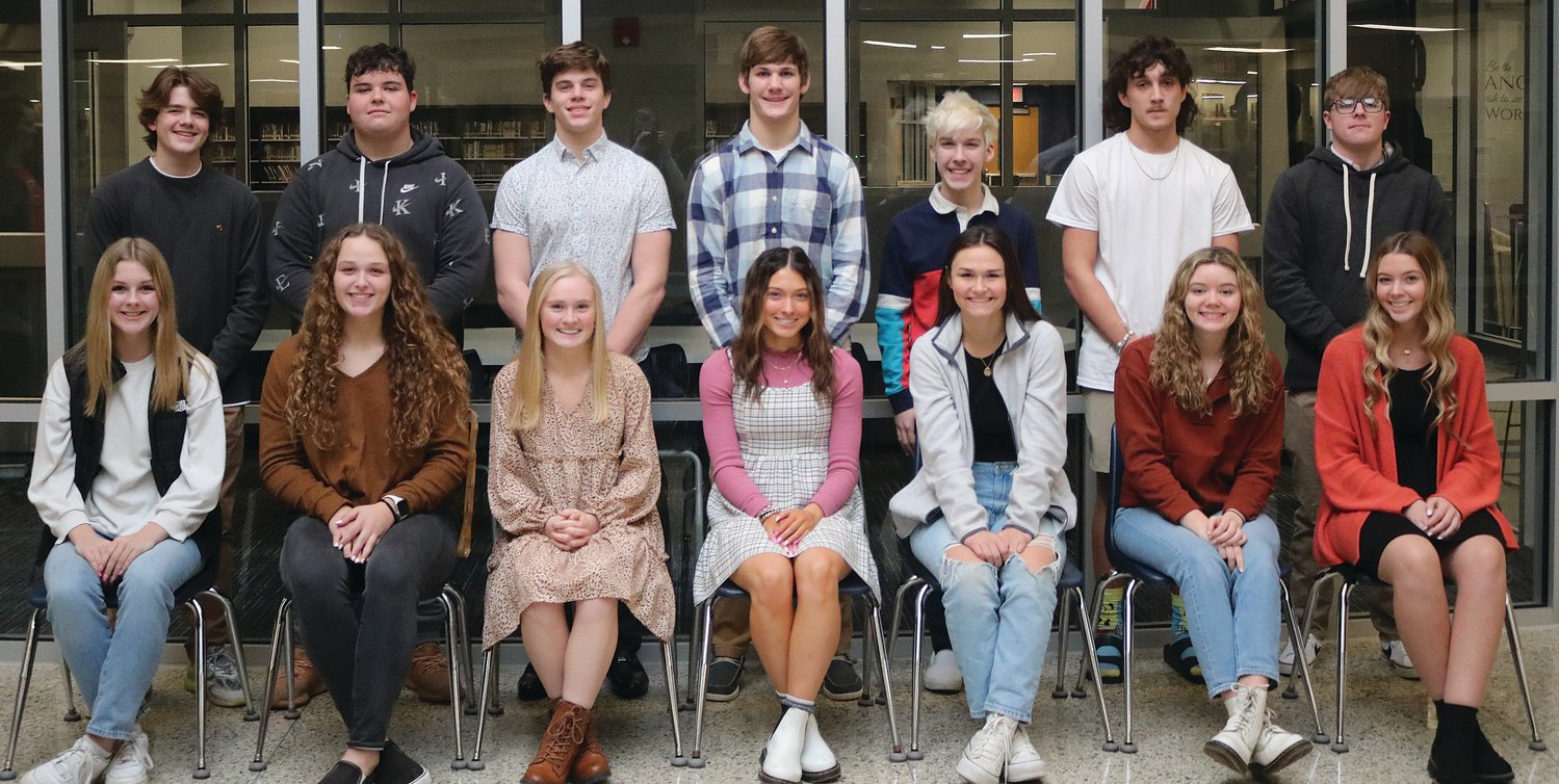 Members of the 2023 Winter Homecoming Court at North Montgomery High School are, from left, front row, Lacey Conover, Piper Ramey, Paige Hudson, Rylie Gayler, Teegan Bacon, Payton Bush and Bella Mattingly; and back row, Crew Cole, Cooper Walters, Israel Rose, Gage Galloway, Rylan Dowell, Josh Hubbard and Jayden Turner. The Chargers will crown a king and queen Saturday during the game against Attica.