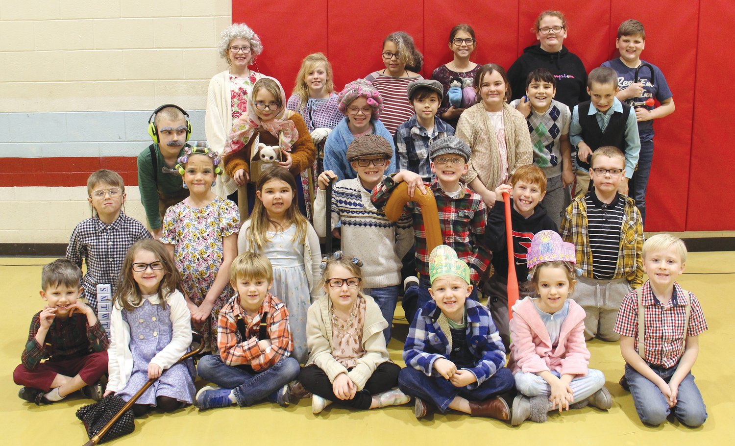 To celebrate being in school for 100 days, Turkey Run Elementary students were encouraged to dress up as 100-year-old people on Monday. Costumes varied from gray hair, canes, pajamas and robes to sweaters and overalls. Activities focused on the number 100 were also completed. These varied from counting out 100 items to writing 100 adjectives to reading books about the 100th day. First grade students made projects with 100 items to show what 100 looks like. In the afternoon, a 100th Day Celebration was held in the gym. Students learned what staff members will look like and will be doing in 100 years, listened to a 100 Day story and song, and participated in a relay race against staff members. Some of the students who dressed up as 100-year-old people are, from left, front frow, Harrison Bridge, Jewell Eldridge, Jacob Newnum, Lyric Breedlove, Charlie Hill, Kayten Faulkner and Bowen Laznik; second row, Havik Roemer, Rebel Roemer, Autumn Wirth, Brady Patton, Jake Sauter, Griffin Woods and Nolan Mayes; third row, Tanner Earley, Ellie Rivers, Ellie Harshman, Carter Chapman, Candice Gillogly, Ezekiel Diaz and Jackson Wrightsman; and back row, Allie Sauter, Cobie McCrory, Nove DeBord, Paige Rose, Bayleigh Wallace and Hagen Jeffrey.
