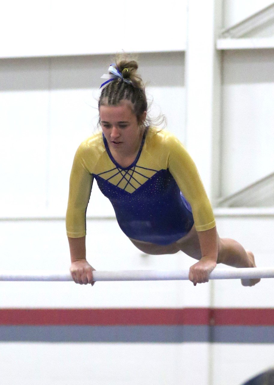 Crawfordsville senior Halle Elliot earned first place all-around at the county meet on Monday. The Athenians were narrowly edged out by Southmont 89-88.975 for the county title.