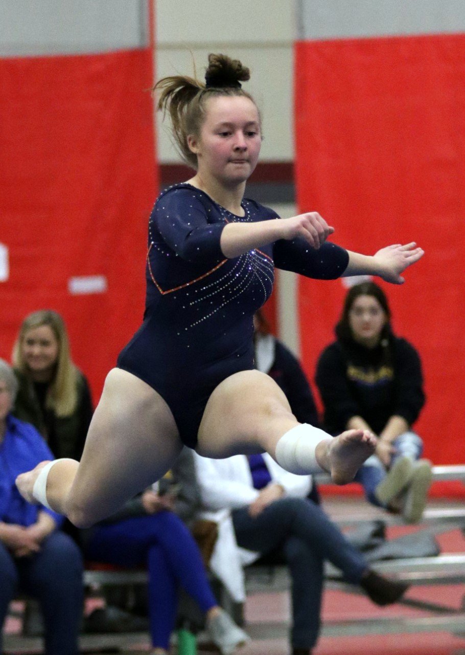 North Montgomery's Maggie Yeager performs her floor routine during the county meet.
