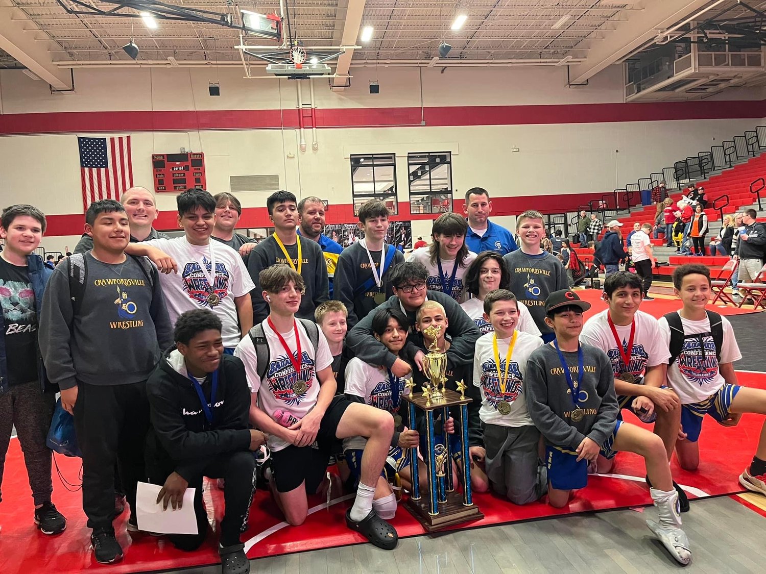 The Crawfordsville Middle School wrestling team capped off their season by capturing the first Sagamore Conference Championship in school history. The team also won the county title for the first time in 18 years.