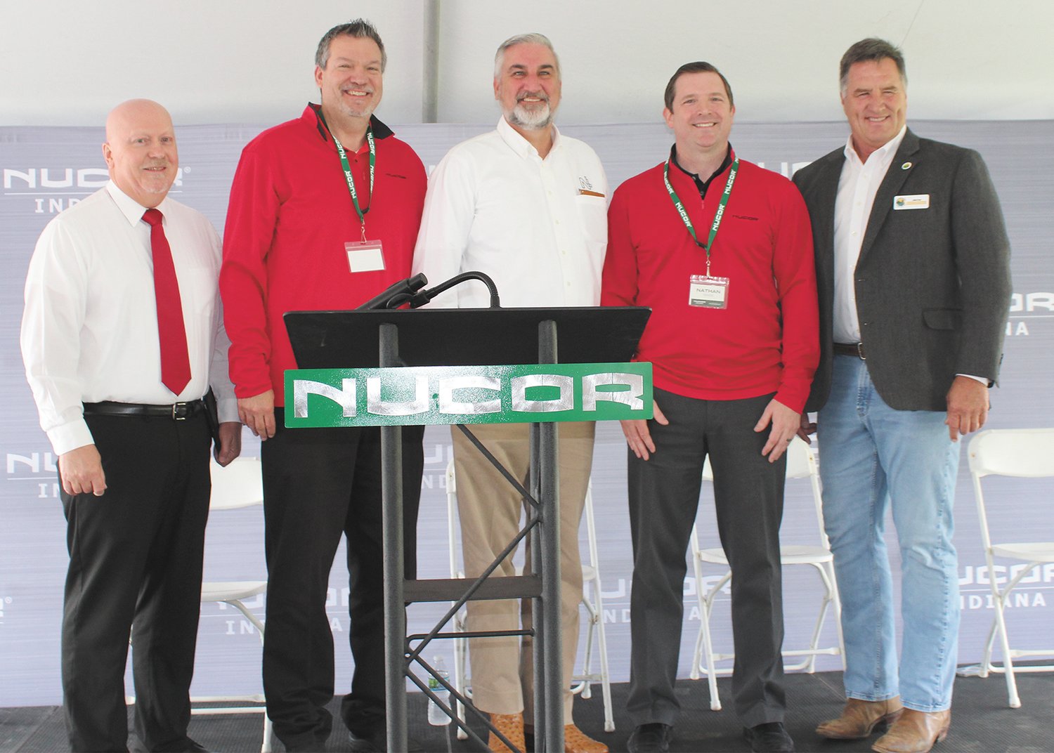 Pictured, from left, are Crawfordsville Mayor Todd Barton; Dan Needham, Nucor Executive Vice President for Commercial; Indiana Gov. Eric Holcomb; Nathan Fraser, Nucor Vice President and General Manager; and Montgomery County Commissioner John Frey.