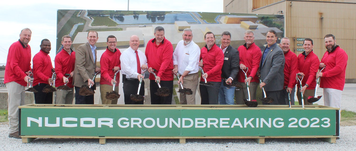 A group of Nucor teammates as well as city, county and state officials gathered Friday for a ceremonial groundbreaking ceremony at Nucor. The company is preparing to invest $400 million over the next five years at the Crawfordsville mill. A new $290 million complex will be constructed to house new production lines and the remainder will be used to modernize the existing facilities. Pictured in the center are Crawfordsville Mayor Todd Barton, Dan Needham, Nucor executive vice president for commercial, Indiana Gov. Eric Holcomb, Nathan Fraser, Nucor vice president and general manager, and Montgomery County Commissioner John Frey.