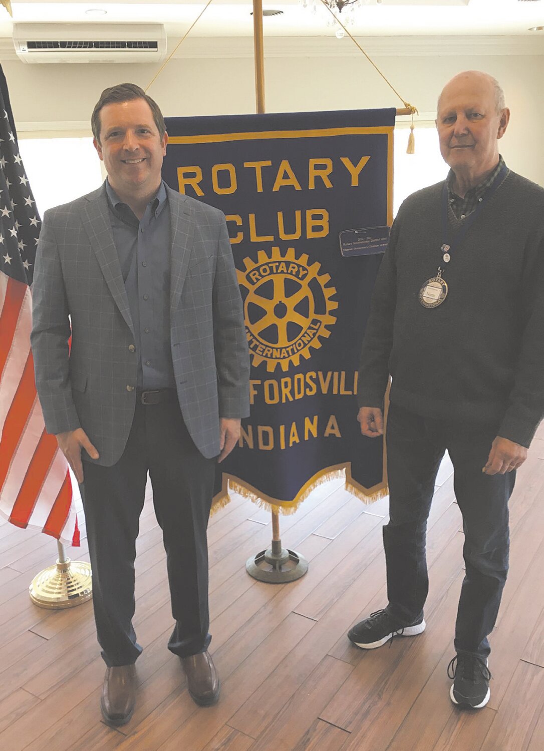 Nathan Fraser, vice president and general manager of the Crawfordsville Nucor Plant, pictured at left with Norm Reimondo, spoke recently to the Crawfordsville Rotary Club. Fraser has been with Nucor for 24 years. The Crawfordsville Plant started in 1987-1989 and employs around 758 employees. The first sheet metal plant is in Crawfordsville. Nucor is the largest steel and steel products producer in the United States. The steelmaking capacity exceeds 27 million tons annually. Nucor is the number one recycler in North America and recycles 20 million tons of ferrous scrap annually to produce new steel that is 100% recyclable. There are 2,300 steel jobs in Indiana. The median pay for all Nucor Teammates nationwide over the last three years (not including CEO) was $95,976. There were zero layoffs at any Nucor Steel  Mill in the company’s history. Every Nucor teammate and their dependents are eligible to receive a $3,500-per-year scholarship to college or vocational school. Nearly $110 million has been awarded nationwide since the program’s inception in 1974. There are 27,000 teammates working safely at more than 300 operating facilities in North America.