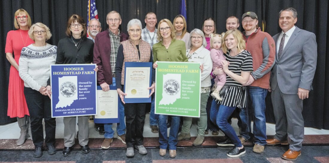 Pictured with the Hoosier Homestead Award are, fron row, Connie Townsend, Bonnie Page, Randy Alward, Pat Kennedy, Paula Overfelt, Cindy Alward and Frankie, Adison and Aaron Alward; and back row, Darrel Townsend, Tom and Cheryl Overfelt and Mackenzie and Brayden Alward.