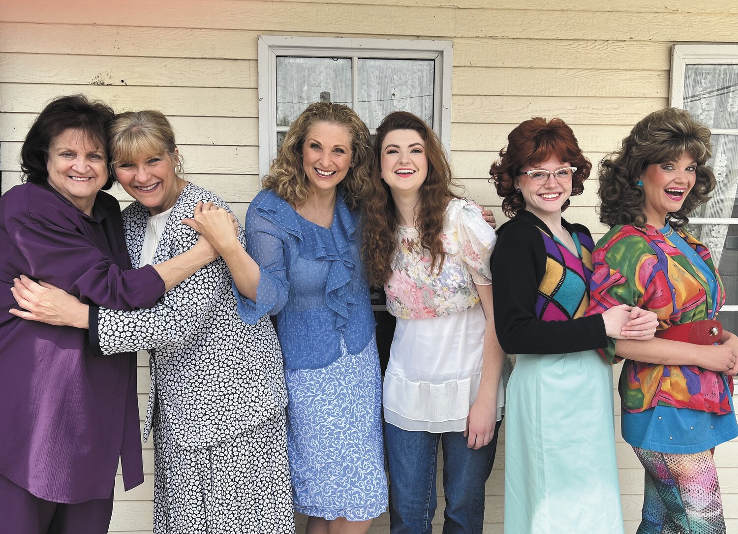 The ladies of Steel Magnolias are all smiles. Actresses for this well-loved show are, from left, Donna Schulte, Teresa Ross, Denise Jaeckel Copeland, Annie Heartney, DRae Beller and Rebecca Lea Evans. Steel Magnolias runs from May 5 through June 3 at Myers Dinner Theatre in Hillsboro.