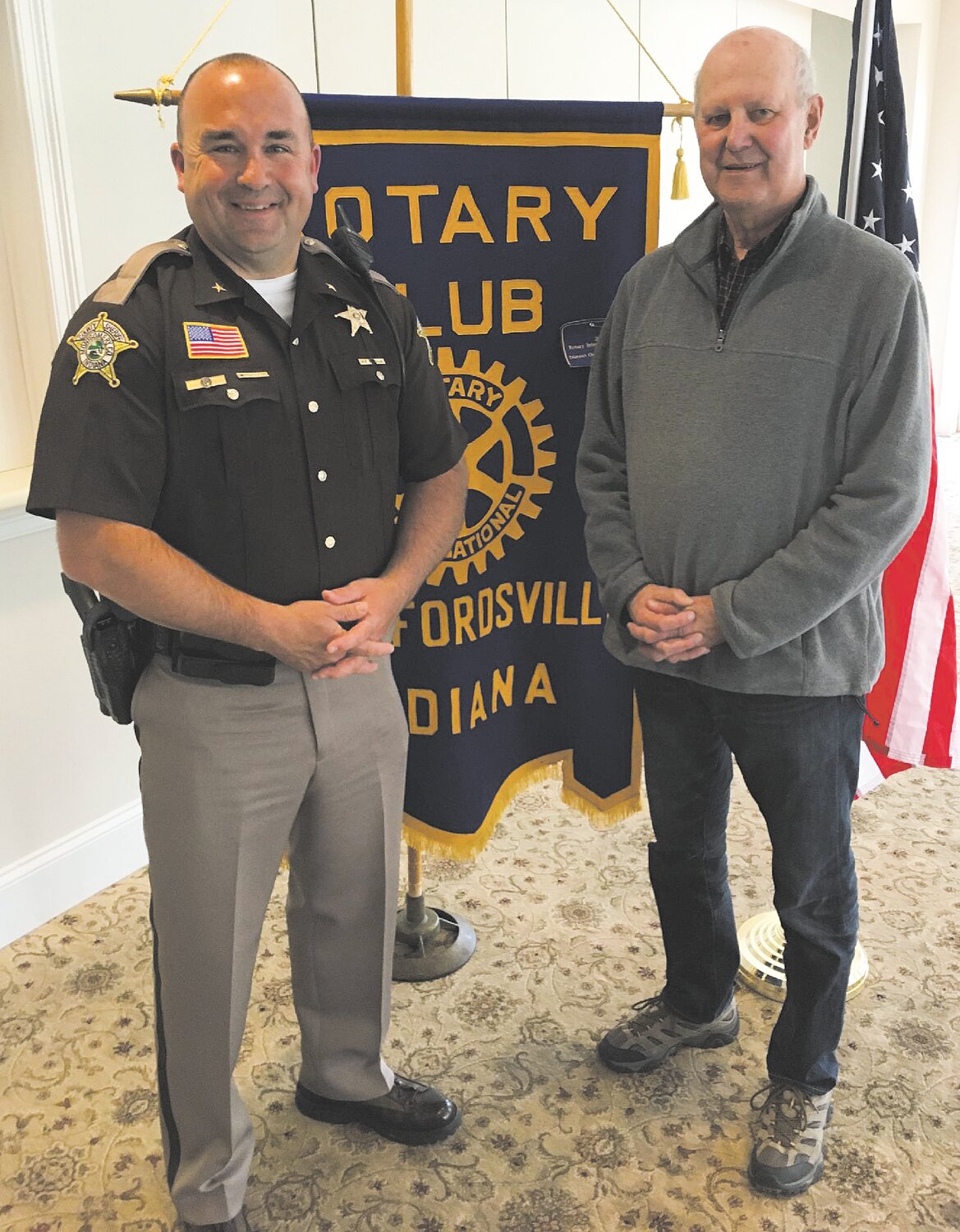 Montgomery County Sheriff Ryan Needham spoke to the Crawfordsville Rotary Club at their noon meeting. Needham has been involved in law enforcement for 28 years and is serving his second term as sheriff. The MCSO places a greater emphasis on traffic enforcement. Sometimes much information can be gotten from a traffic stop. Needham presented some interesting facts. From Jan. 1 to April 22 the MCSO received 7,200 calls. Of those calls, 2,073 were pertaining to traffic situations. One hundred and sixty-four citations were given for various offenses. At the present time there are 173 inmates at the jail.  There are three shifts which includes a day shift, a mid-shift and a night shift. All deputies wear body cameras. Needham reminded us that it takes all of us to work together to help keep Montgomery County safe.