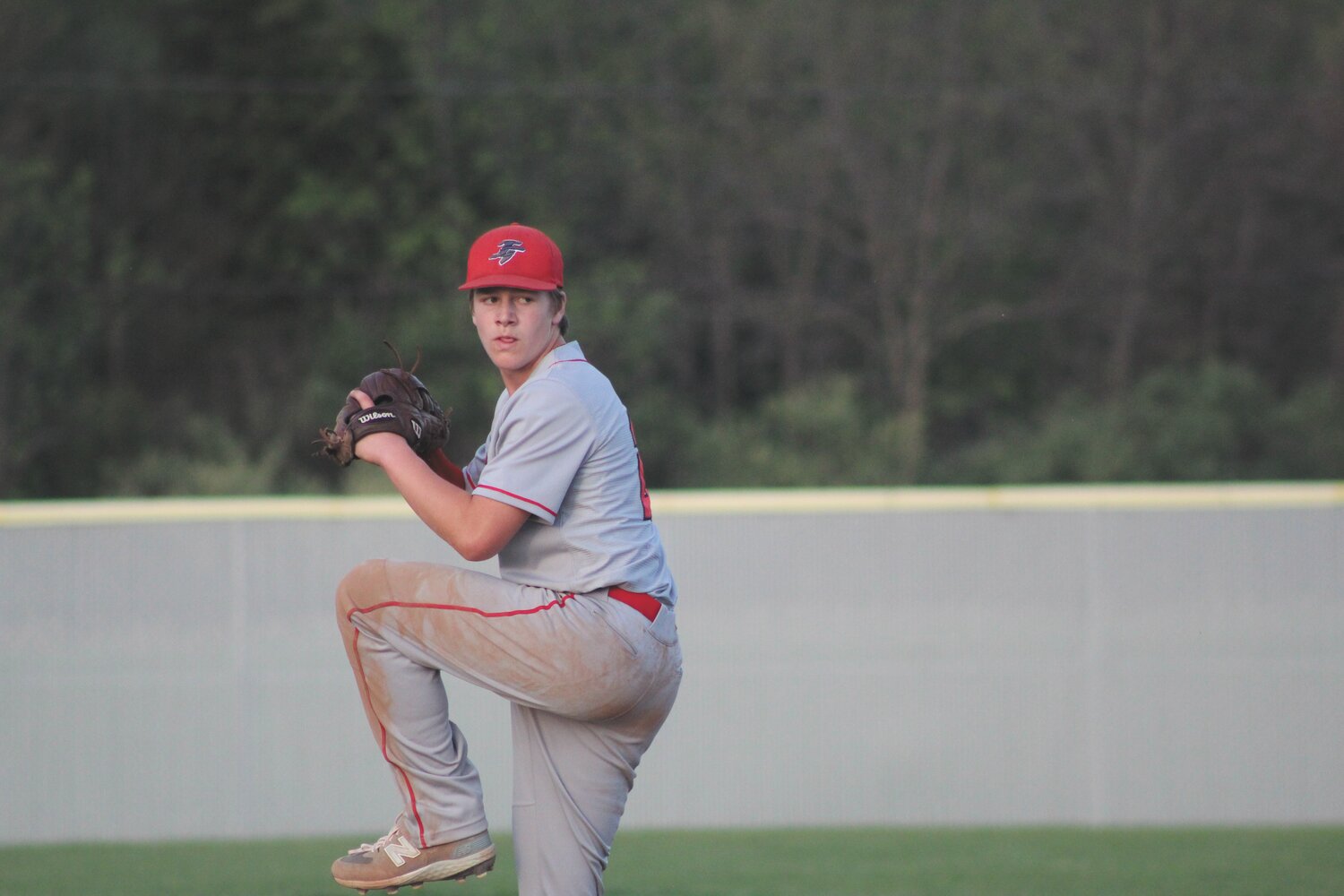 Codey Emerson/Journal Review
Freshman Gunnar Shirk came in to pitch for the Mounties. Shirk has seen playin time this season at third base and helped the Mounties pitching staff.