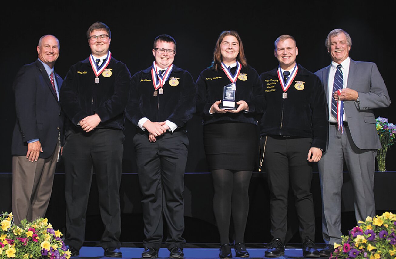 Pictured, from left, unidentified contest representative, Gabriel Little, Cole Rhoads, Kelsey Thompson, Caden Sixberry and Gary Mosbaugh.