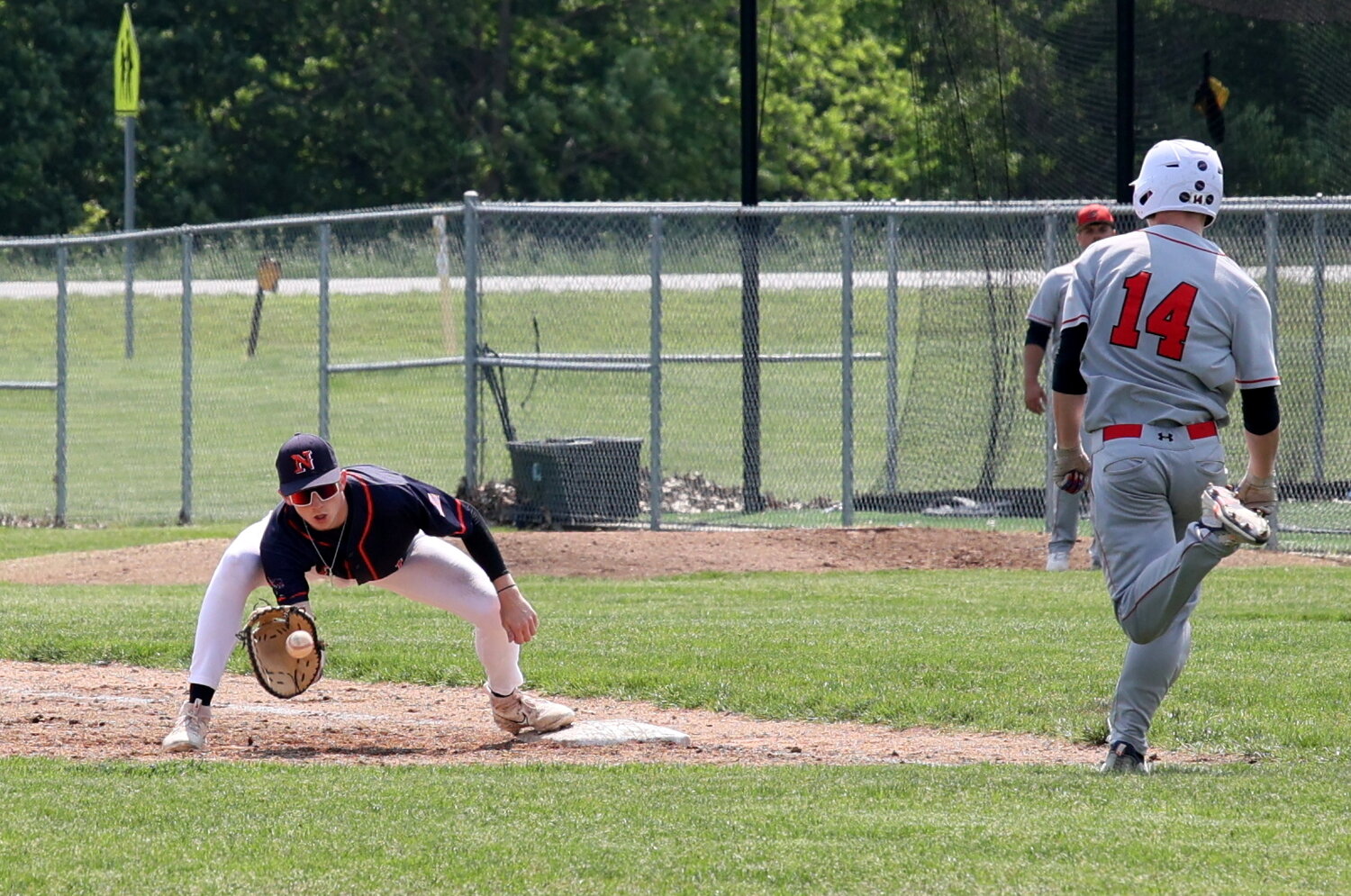 Jarrod Kirsch fields his spot at first base for North Montgomery. The Chargers took down county rival Southmont 8-4 Saturday afternoon concluding the postponed game from Friday night.