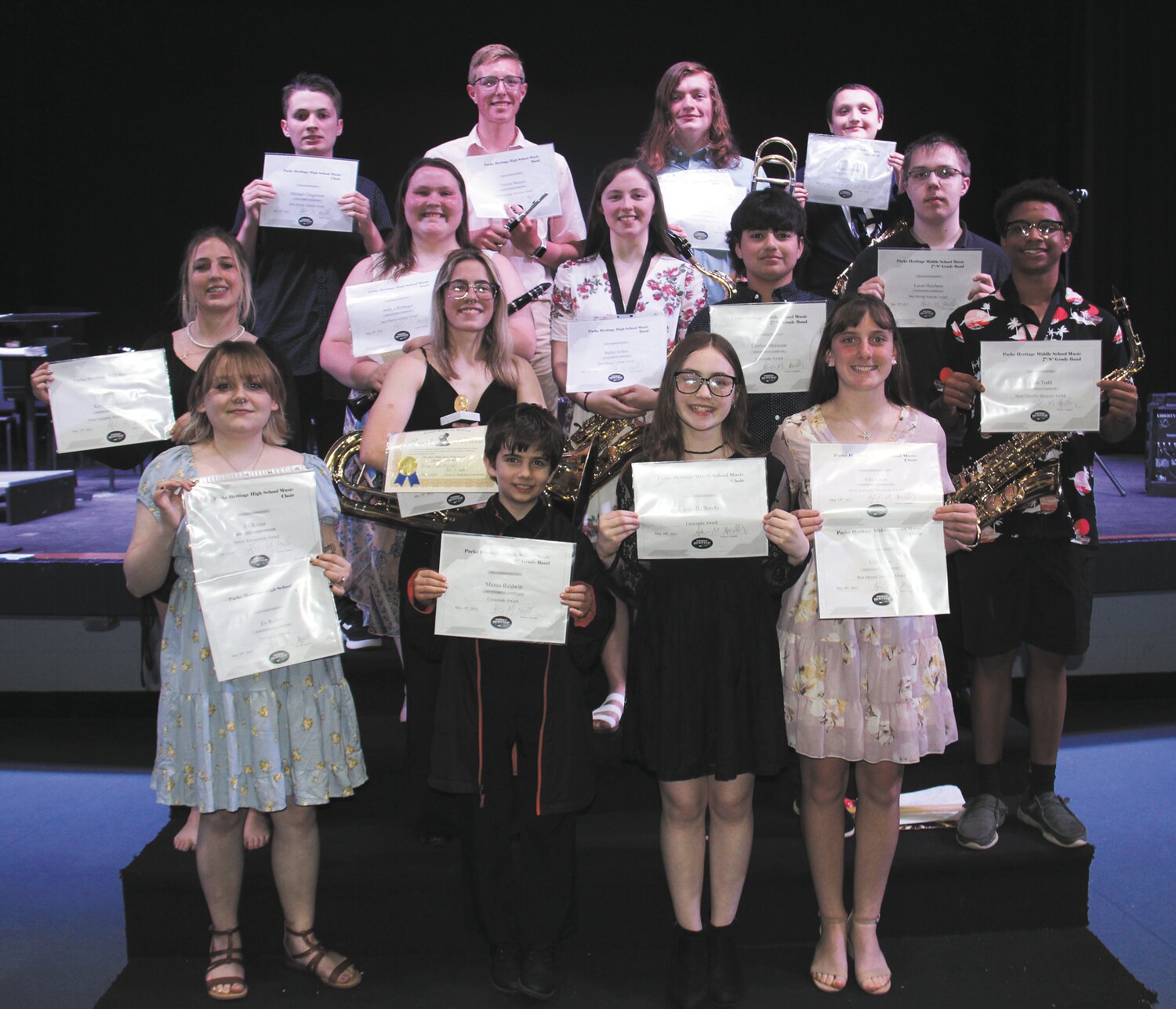 PHMS and PHHS students earning music awards at the spring concert were front row, Ev Rutter, Maxus Baldwin, Isabella Bundy and Ella Lacy; second row, Kimberly Koren, Alison Nicholas, Crafton Malicoat and Cian Todd; third row, Ashlyn Hybarger, Bailey Jeffers, and Lucas Hutchens; and back row, Michael Clingermann, Treyton Burgess, Aidan Gillooly and Steven Myers. Not pictured is Kera Boblett.