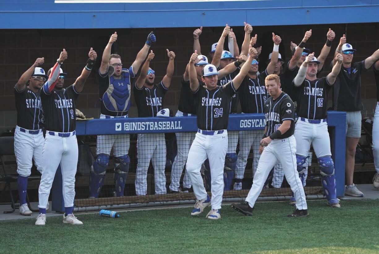 The Indiana State dugout celebrates during their 11-8 NCAA Regional Clinching win over Iowa on Sunday 
evening. The Sycamores will now play in the NCAA Super Regional this weekend agianst either TCU or 
Arkansas.