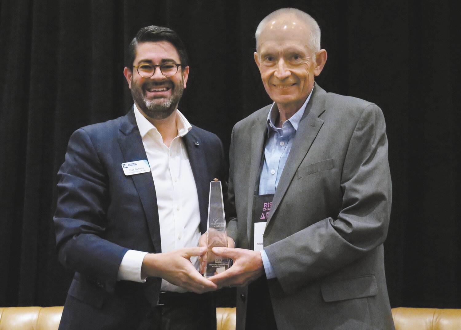 Dax Denton (left), chief policy officer for the Indiana Bankers Association, presents State Rep. Jeff Thompson, R-Lizton, with the IBA's 2024 Legislator of the Year award at the Association's Annual Convention, Monday, Aug. 28, 2023, in French Lick, Ind.