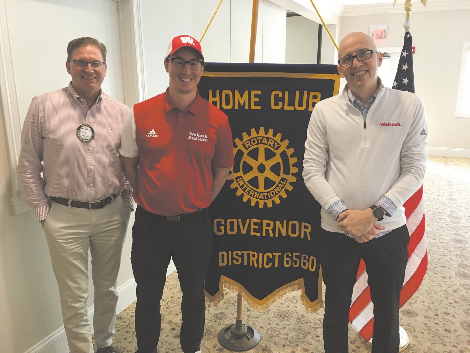 Two speakers from Wabash College, Athletic Director Matt Tanney, right, and Assistant Equipment Manager, Game Operation and Facilities Manager Clark Tinden, center, spoke to the Rotary Club at their noon meeting. The men are pictured with Rotarian Tom Klein. Tanney has been AD for six years and Tinden will have been at his position for a year in October. Both men are Wabash College graduates. In the fall, soccer, cross-country and football are the sports requiring the ADs attention. The football roster shows 125 young men competing for positions on the team. The first home game is Sept. 23 and is Homecoming. For some Wabash men the "Monon Bell Game" on Nov. 11 is the most important game of the year. Clark employs around 40-50 students a year to help keep the Allen Center and other facilities open for practice and events.