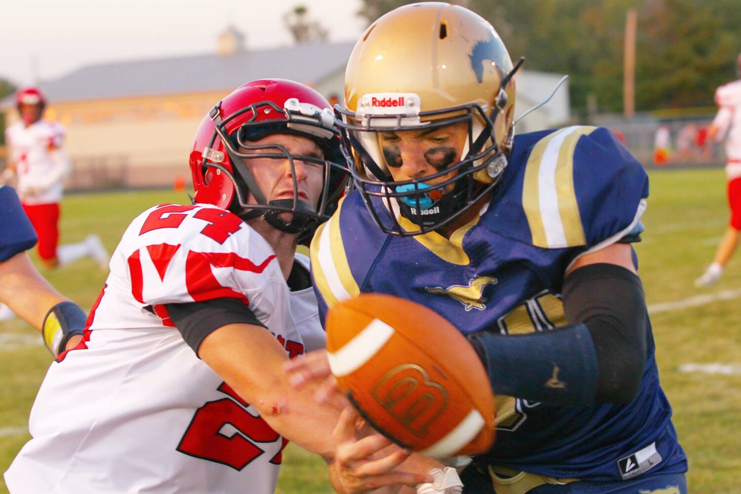 Dawson Blue of Fountain Central - breaking up a pass aimed at Caleb Crowder of Attica