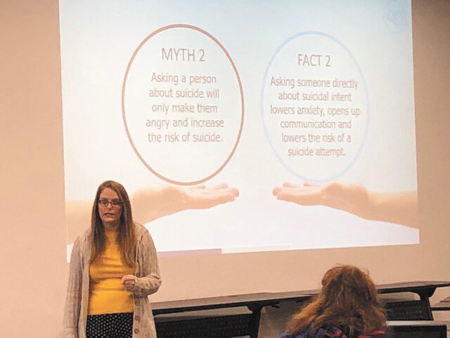 Sara Clapp shares information about suicide prevention during a recent workshop conducted by the Volunteers for Mental Health in Montgomery County and the Montgomery County Youth Service Bureau.