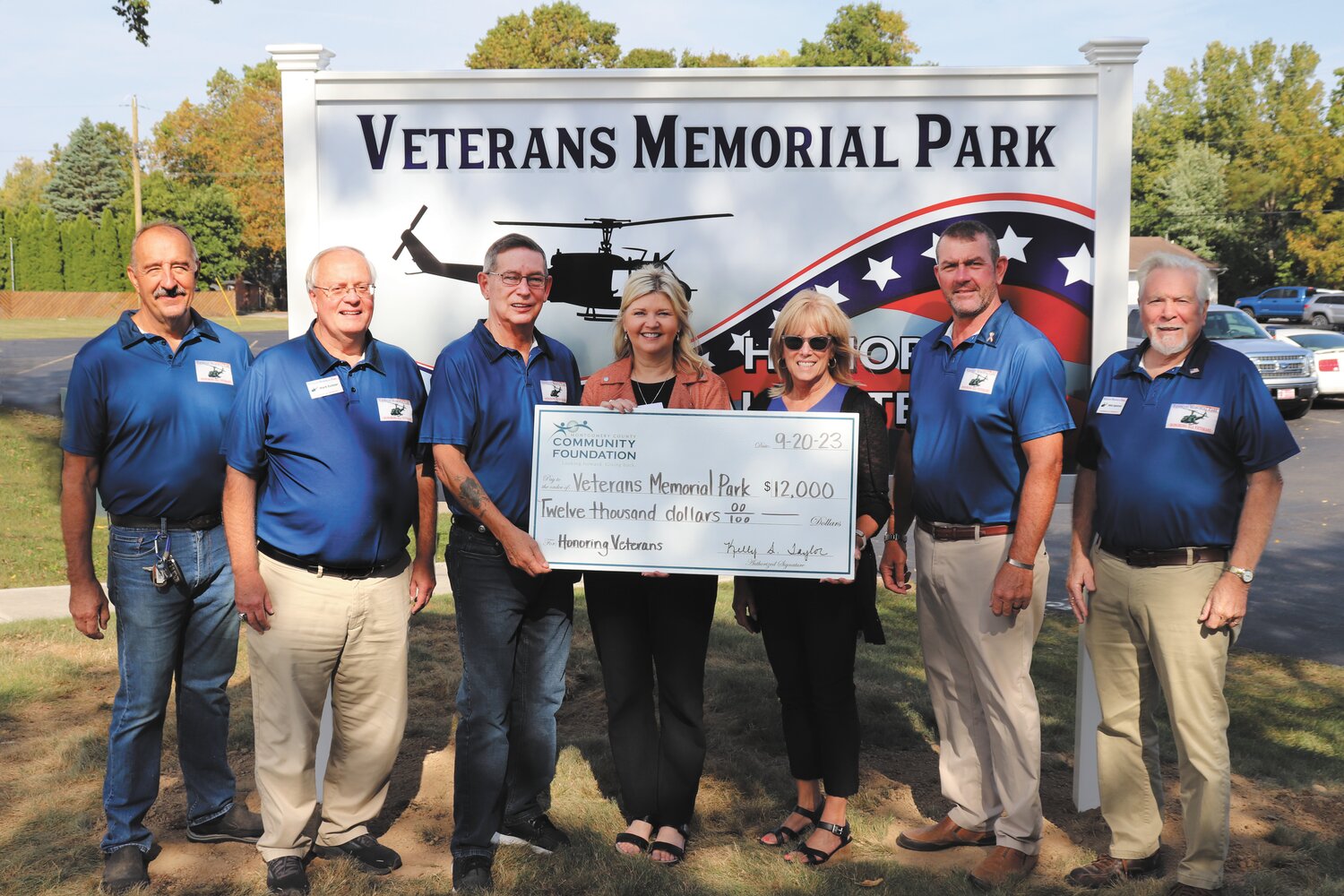 Pictured are Veterans Memorial Park board members, from left, Bob Carstensen, Mark Eutsler, Marc Gabel, Kevin Cobb and Mike Spencer, accepting the check from MCCF staff Kelly Taylor and Cheryl Keim.